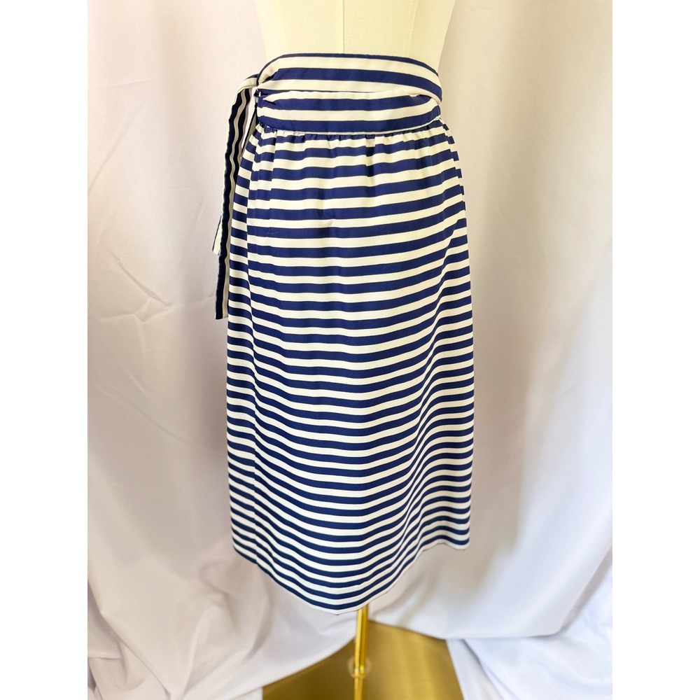 Navy White Breton Stripe Wrap Midi Skirt Tie Waist Nautical Coastal Size 10 - Picture 3 of 7